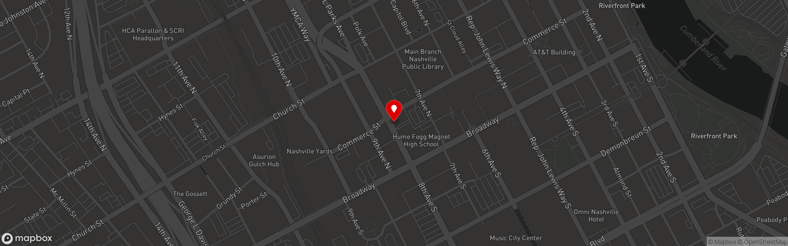 Street map pinning Red Phone Booth in Nashville